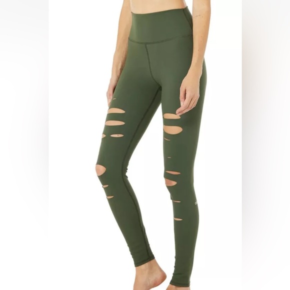 Alo Yoga High Waist Ripped Warrior Leggings Size Medium Hunter Green - Picture 3 of 14